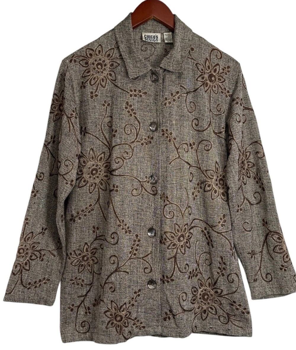 Chico’s Design Women 0 99% Silk Jacket Brown Embroidered Boho Dark Academia FLAW